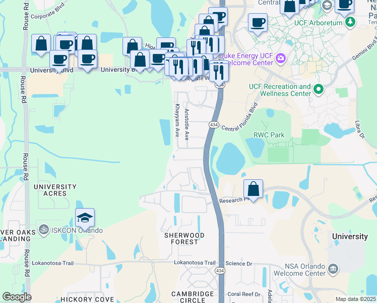 map of restaurants, bars, coffee shops, grocery stores, and more near 12112 Mendel Drive in Orlando