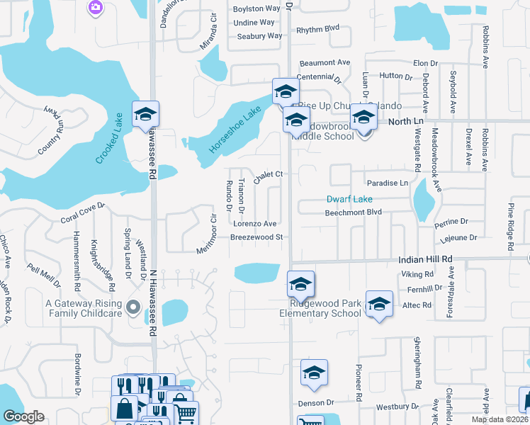 map of restaurants, bars, coffee shops, grocery stores, and more near 3654 Baronette Drive in Orlando