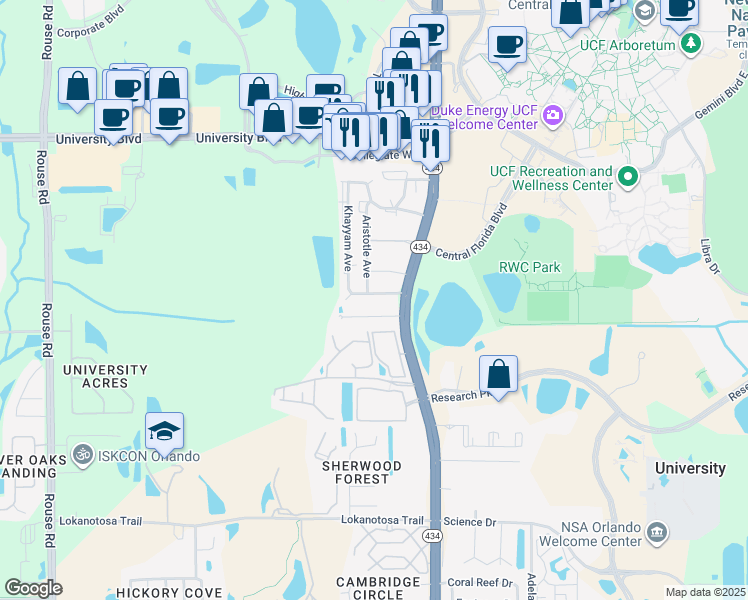 map of restaurants, bars, coffee shops, grocery stores, and more near 12086 Mendel Drive in Orlando