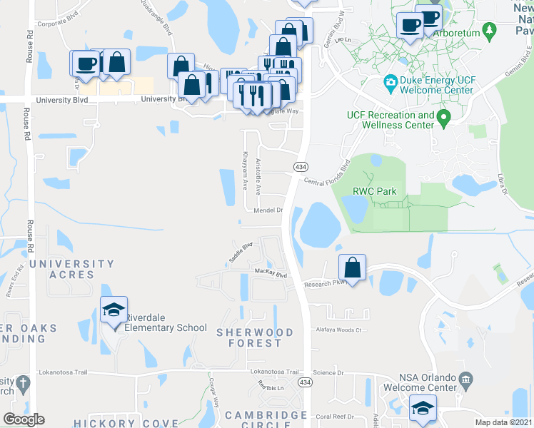 map of restaurants, bars, coffee shops, grocery stores, and more near 12112 Mendel Drive in Orlando