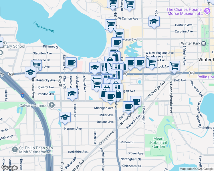 map of restaurants, bars, coffee shops, grocery stores, and more near 701 South Orlando Avenue in Winter Park