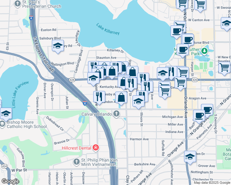 map of restaurants, bars, coffee shops, grocery stores, and more near 1901 Oglesby Avenue in Winter Park