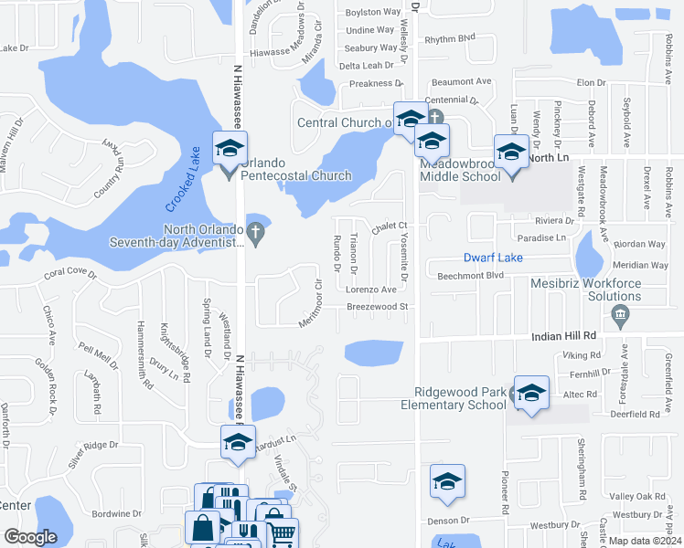 map of restaurants, bars, coffee shops, grocery stores, and more near 3657 Rundo Drive in Orlando