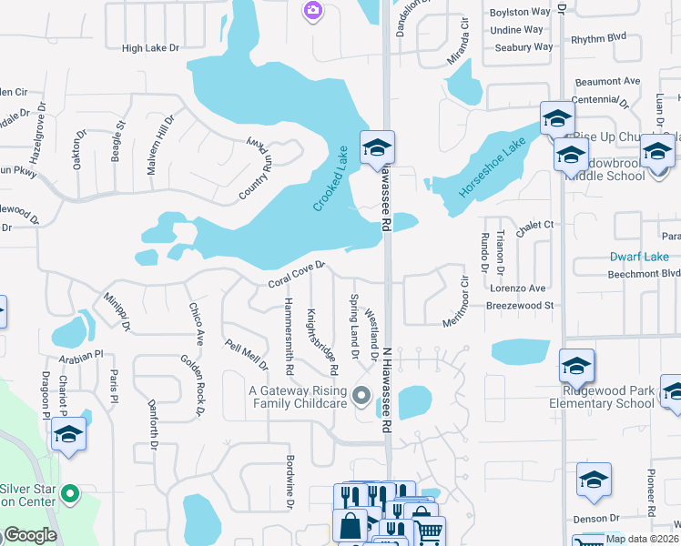 map of restaurants, bars, coffee shops, grocery stores, and more near 6539 Coral Cove Drive in Orlando