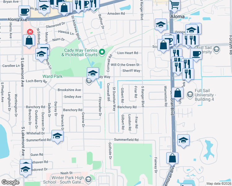 map of restaurants, bars, coffee shops, grocery stores, and more near 504 Saint Dunstan Way in Winter Park