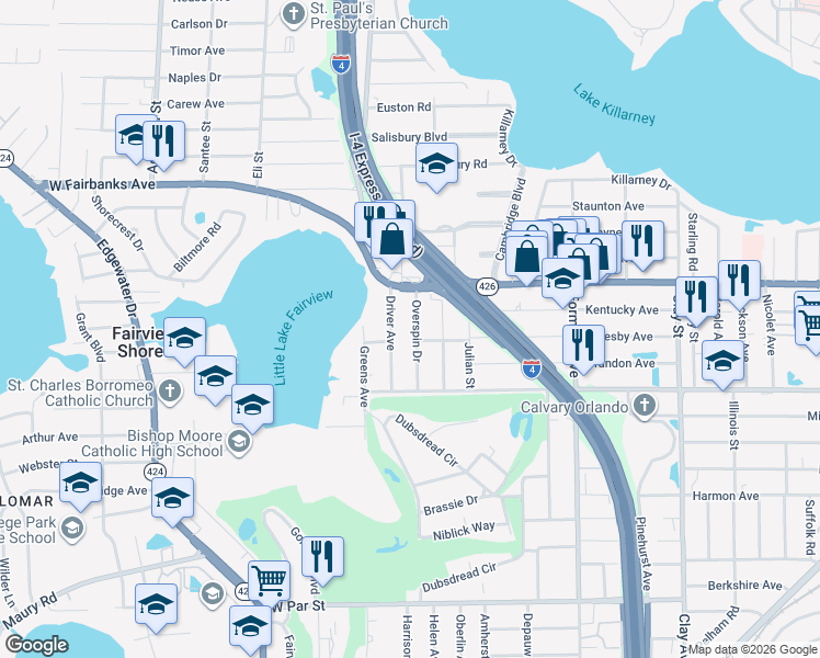 map of restaurants, bars, coffee shops, grocery stores, and more near 681 Overspin Drive in Winter Park