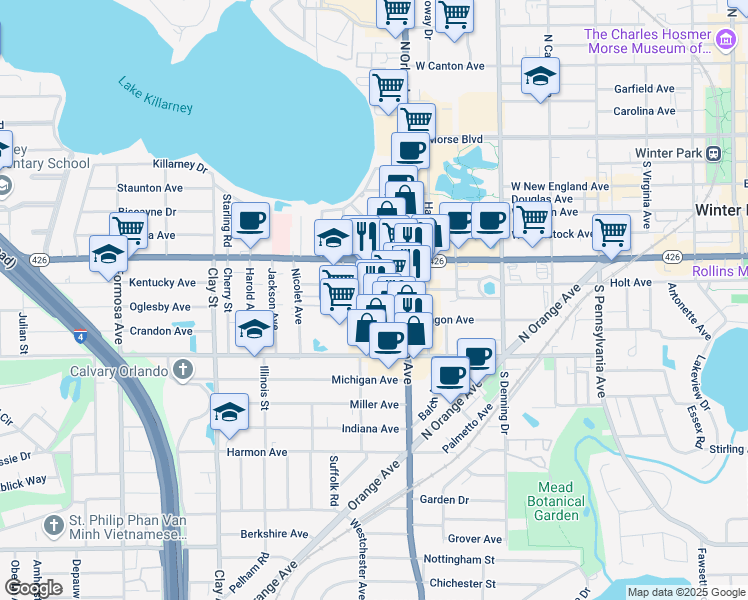 map of restaurants, bars, coffee shops, grocery stores, and more near 701 South Orlando Avenue in Winter Park