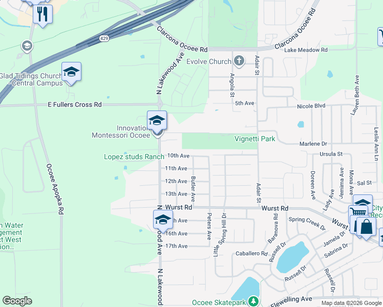 map of restaurants, bars, coffee shops, grocery stores, and more near 235 10th Avenue in Ocoee
