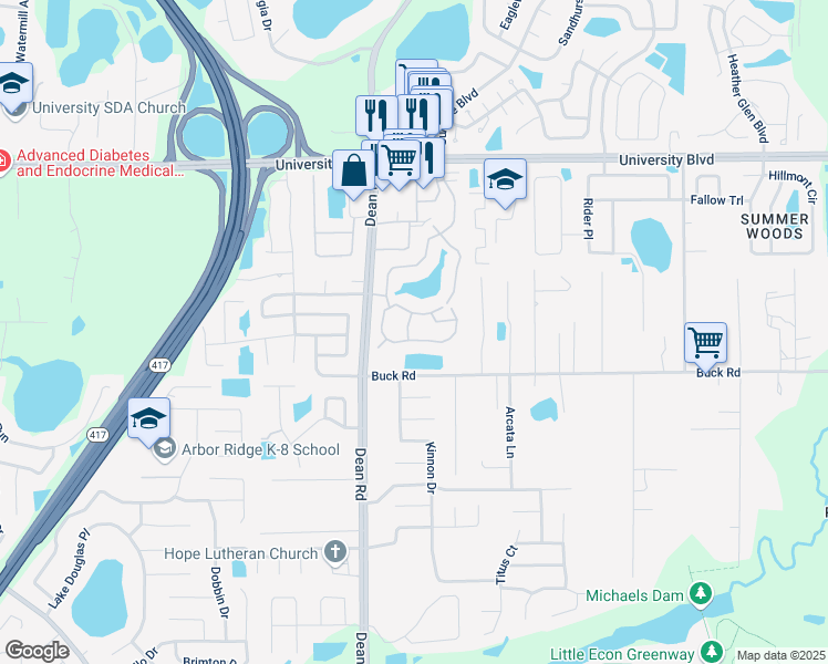 map of restaurants, bars, coffee shops, grocery stores, and more near 3101 Lake Eastern Boulevard in Orlando