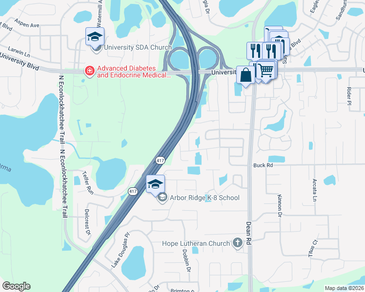 map of restaurants, bars, coffee shops, grocery stores, and more near 3700 Linsbury Street in Orlando