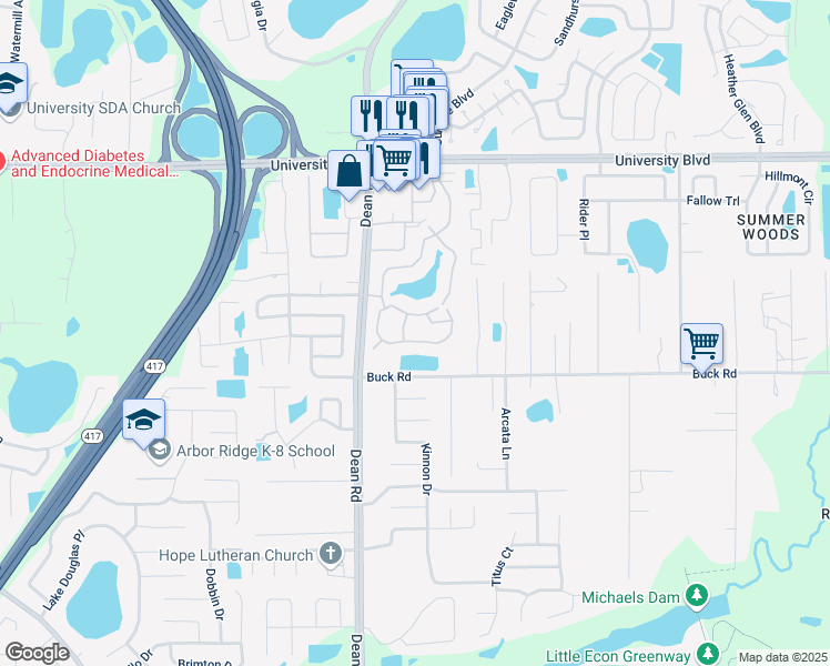 map of restaurants, bars, coffee shops, grocery stores, and more near 3101 Lake Eastern Boulevard in Orlando