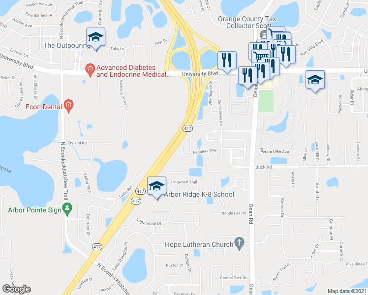 map of restaurants, bars, coffee shops, grocery stores, and more near 3700 Linsbury Street in Orlando