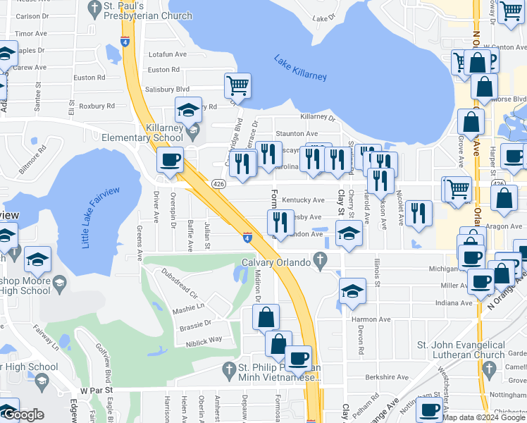 map of restaurants, bars, coffee shops, grocery stores, and more near 2137 Oglesby Avenue in Winter Park
