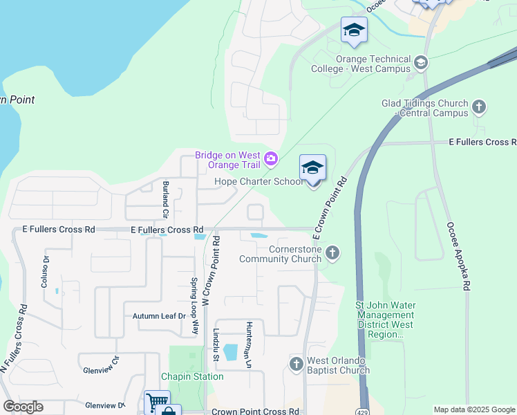 map of restaurants, bars, coffee shops, grocery stores, and more near 1205 East Fullers Cross Road in Winter Garden