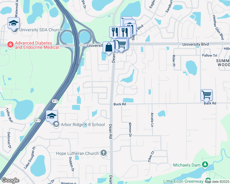 map of restaurants, bars, coffee shops, grocery stores, and more near 10024 Eastern Lake Avenue in Orlando