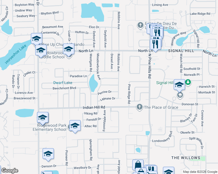 map of restaurants, bars, coffee shops, grocery stores, and more near 5606 Meridian Way in Orlando