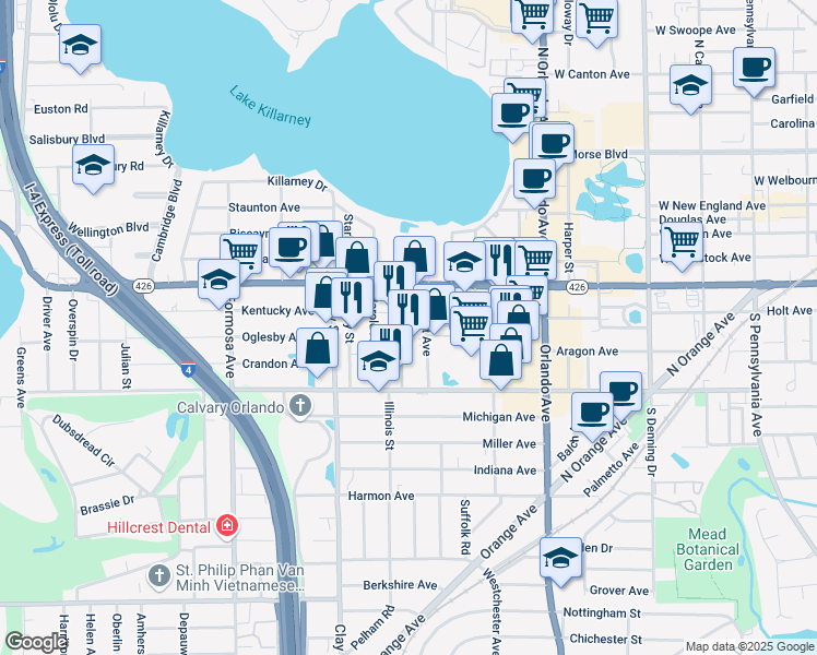 map of restaurants, bars, coffee shops, grocery stores, and more near 720 Jackson Avenue in Winter Park