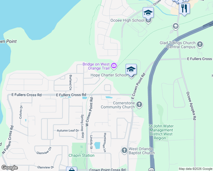 map of restaurants, bars, coffee shops, grocery stores, and more near 1814 Fullers Oak Loop in Winter Garden