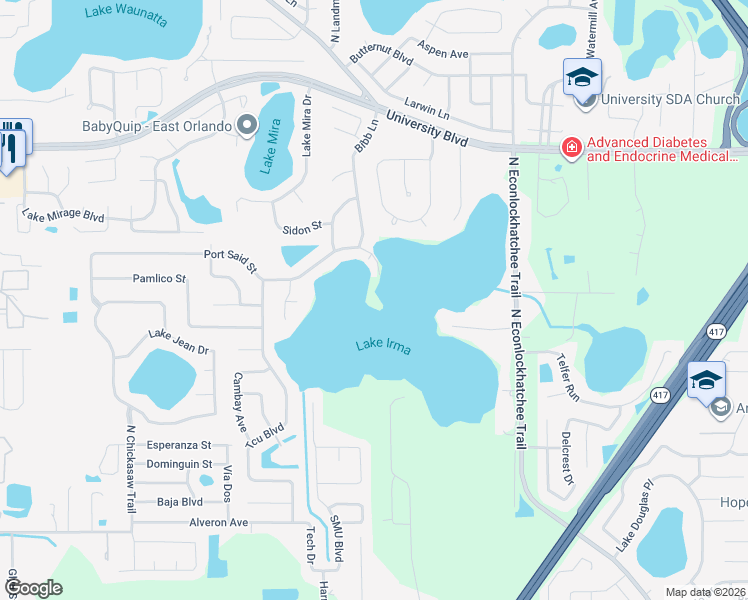 map of restaurants, bars, coffee shops, grocery stores, and more near 3800 Bibb Lane in Orlando