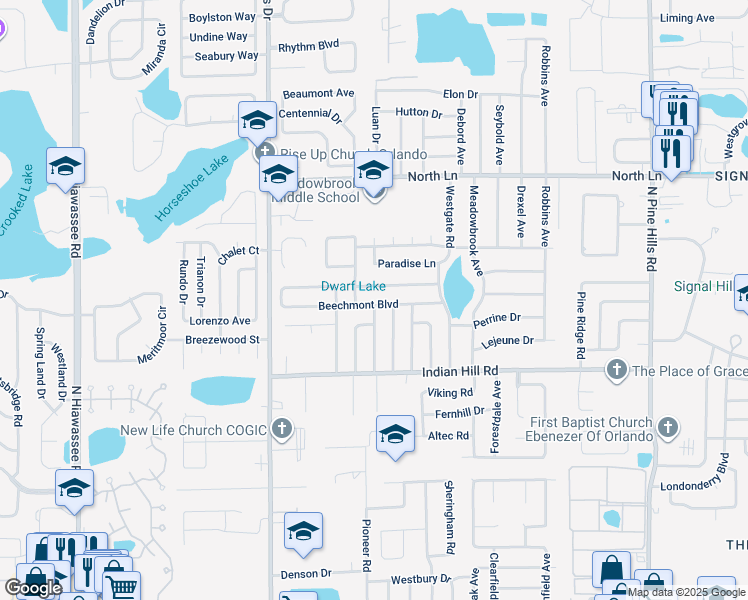 map of restaurants, bars, coffee shops, grocery stores, and more near 5949 Beechmont Boulevard in Orlando