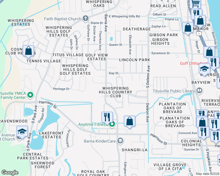 map of restaurants, bars, coffee shops, grocery stores, and more near 2020 Fairlane Drive in Titusville