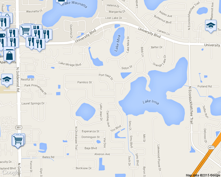 map of restaurants, bars, coffee shops, grocery stores, and more near 3705 Capetown Drive in Orlando