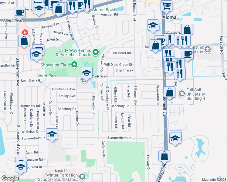 map of restaurants, bars, coffee shops, grocery stores, and more near 504 Saint Dunstan Way in Winter Park