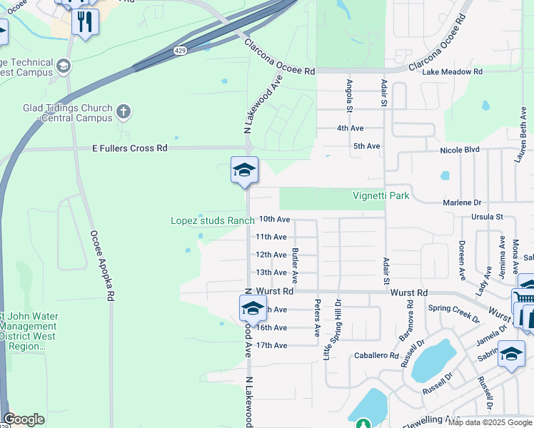map of restaurants, bars, coffee shops, grocery stores, and more near 119 10th Ave in Ocoee