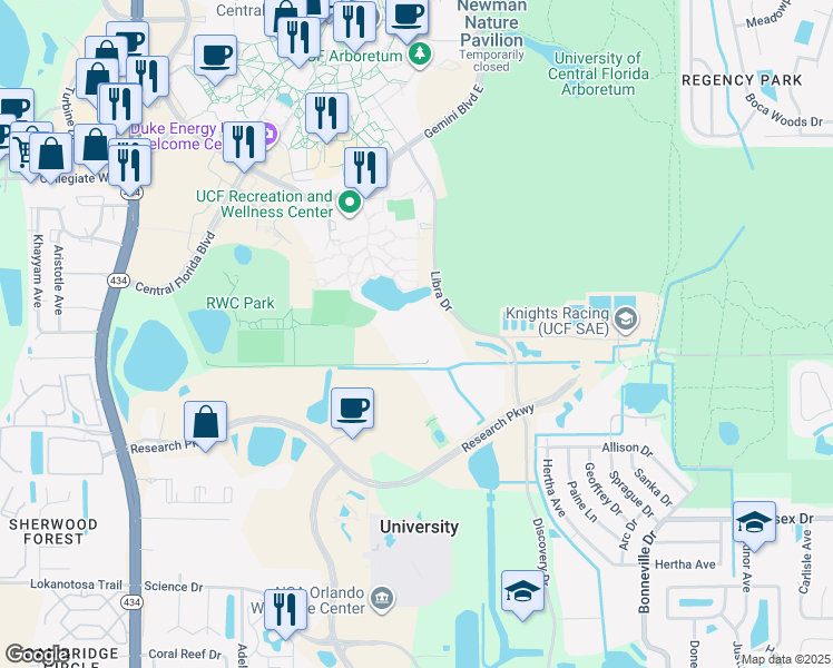 map of restaurants, bars, coffee shops, grocery stores, and more near 4000 Central Florida Blvd in Orlando