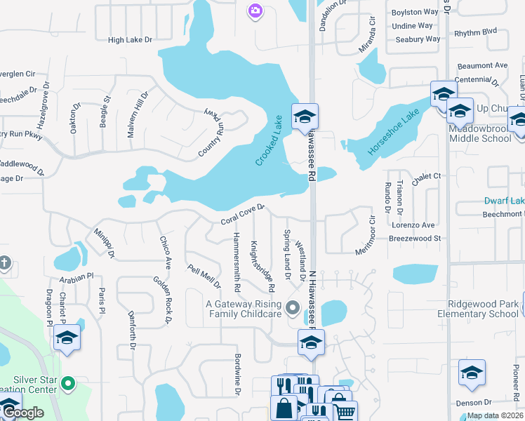 map of restaurants, bars, coffee shops, grocery stores, and more near 6539 Coral Cove Drive in Orlando