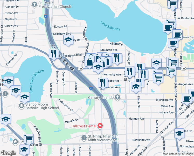 map of restaurants, bars, coffee shops, grocery stores, and more near 2137 Oglesby Avenue in Winter Park