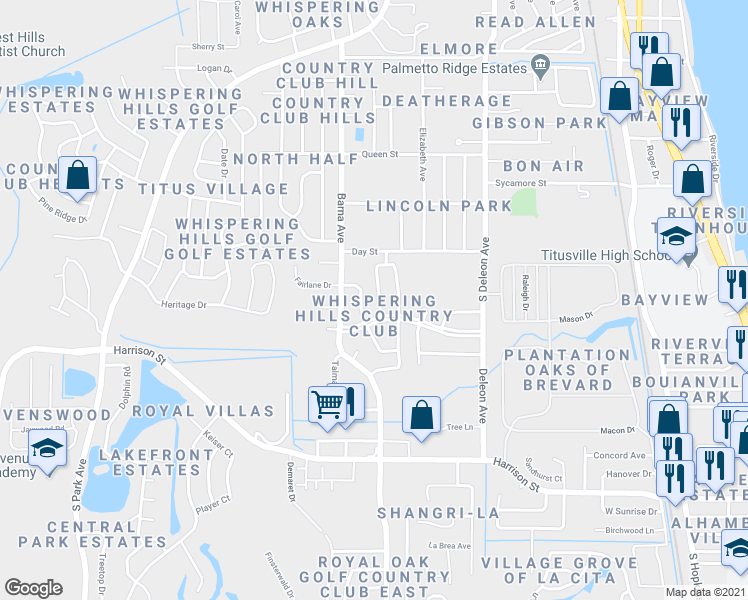 map of restaurants, bars, coffee shops, grocery stores, and more near 2045 Burning Tree Drive in Titusville