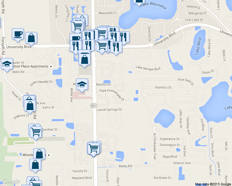 map of restaurants, bars, coffee shops, grocery stores, and more near 3617 Sweet Grass Circle in Winter Park
