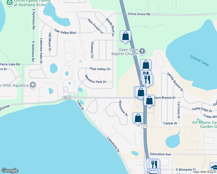 map of restaurants, bars, coffee shops, grocery stores, and more near 694 Park Valley Circle in Minneola