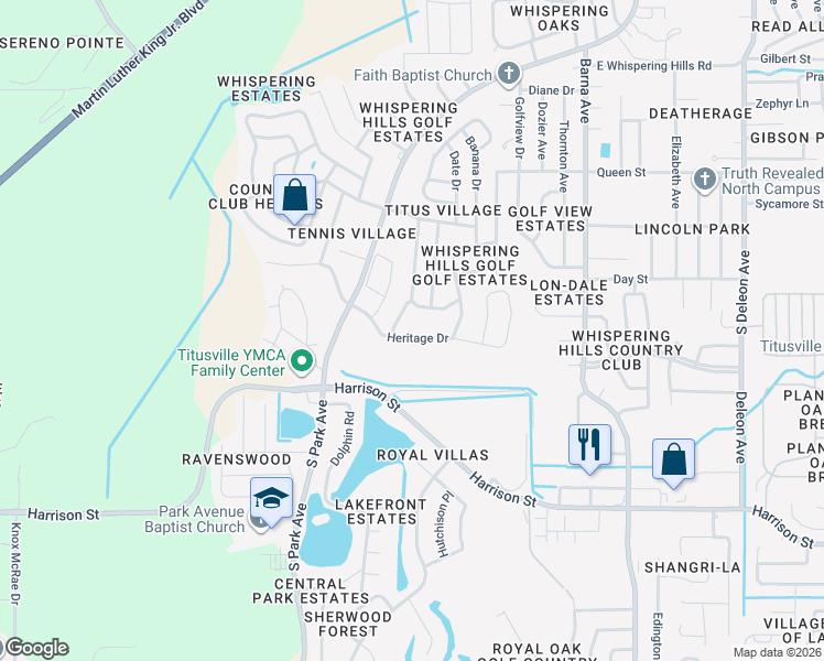 map of restaurants, bars, coffee shops, grocery stores, and more near 2208 Heritage Drive in Titusville