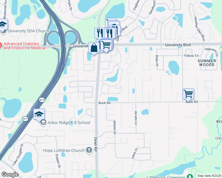 map of restaurants, bars, coffee shops, grocery stores, and more near 10237 Eastern Lake Avenue in Orlando