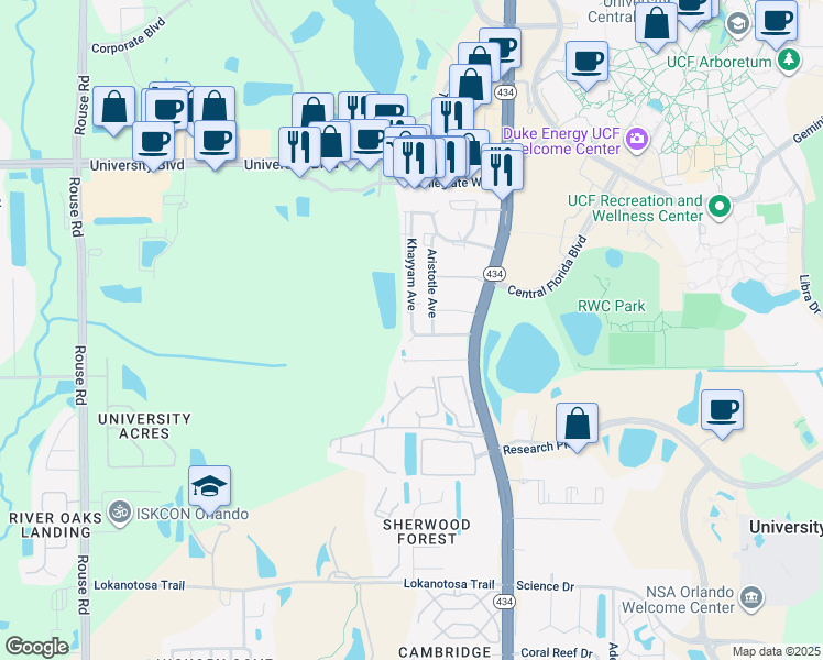 map of restaurants, bars, coffee shops, grocery stores, and more near 11600 Mendel Drive in Orlando