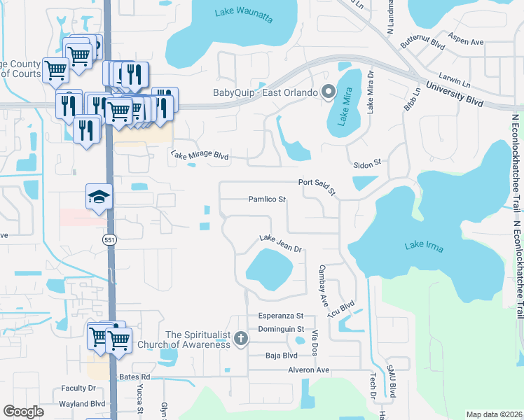 map of restaurants, bars, coffee shops, grocery stores, and more near 8054 Crushed Pepper Avenue in Orlando