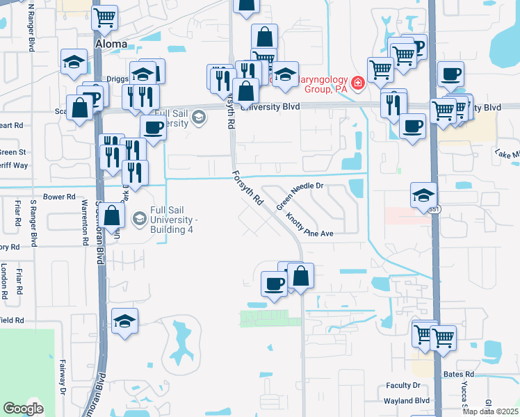 map of restaurants, bars, coffee shops, grocery stores, and more near 3305 Royal Street in Winter Park