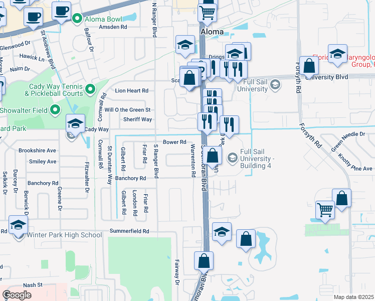 map of restaurants, bars, coffee shops, grocery stores, and more near 2952 De Brocy Way in Winter Park
