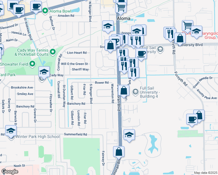 map of restaurants, bars, coffee shops, grocery stores, and more near 2952 De Brocy Way in Winter Park