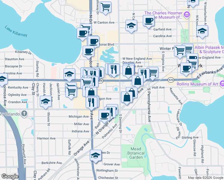 map of restaurants, bars, coffee shops, grocery stores, and more near 930 South Kentucky Avenue in Winter Park