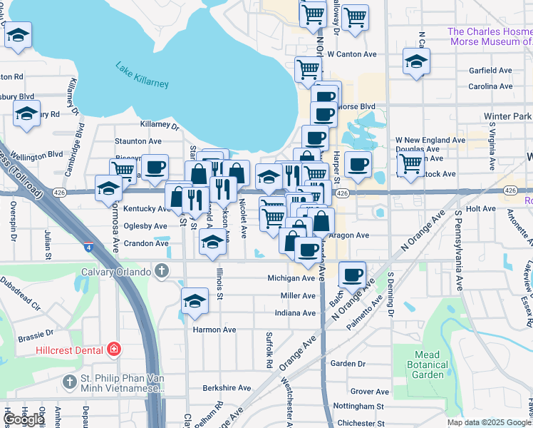 map of restaurants, bars, coffee shops, grocery stores, and more near 712 Nicolet Avenue in Winter Park