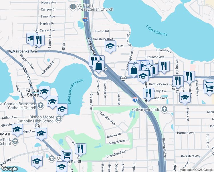 map of restaurants, bars, coffee shops, grocery stores, and more near 681 Overspin Drive in Winter Park