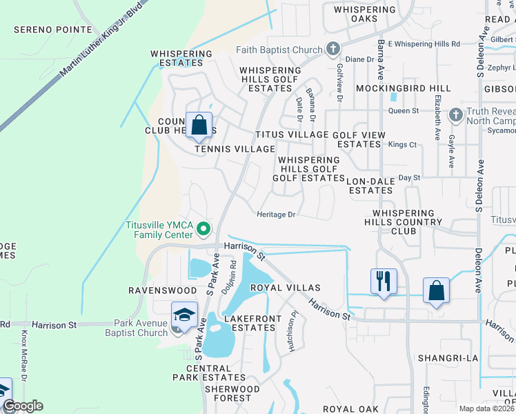 map of restaurants, bars, coffee shops, grocery stores, and more near 2208 Heritage Drive in Titusville