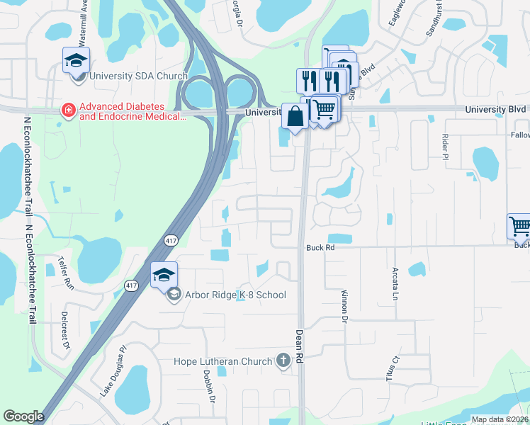 map of restaurants, bars, coffee shops, grocery stores, and more near 3631 Stonehaven Court in Orlando