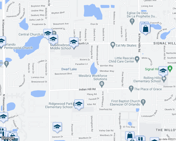map of restaurants, bars, coffee shops, grocery stores, and more near 3814 Westgate Road in Orlando