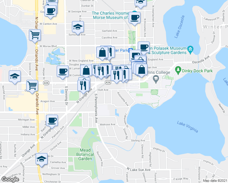 map of restaurants, bars, coffee shops, grocery stores, and more near 739 Antonette Avenue in Winter Park