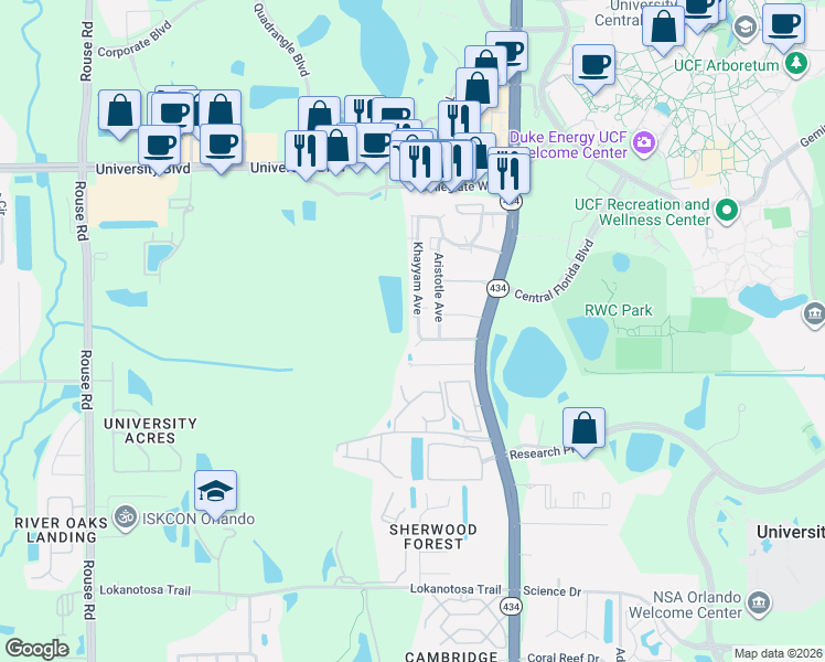 map of restaurants, bars, coffee shops, grocery stores, and more near 11600 Mendel Drive in Orlando