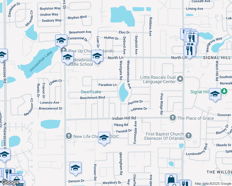 map of restaurants, bars, coffee shops, grocery stores, and more near 3814 Westgate Road in Orlando